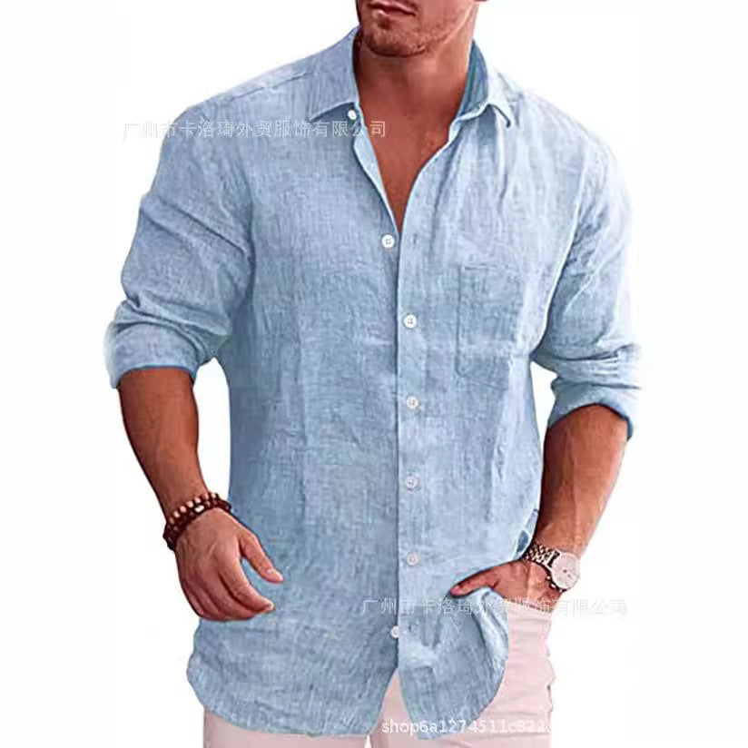 Casual Loose Fit Men's Solid Color Linen Long Sleeve Shirt with Turn-Down Collar