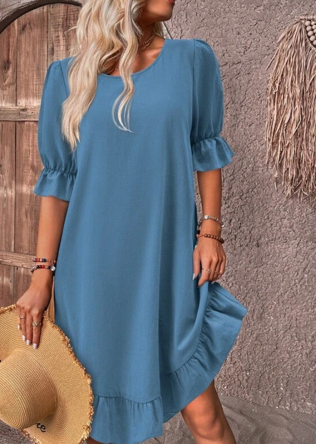 Vintage Cotton Linen Mid-Sleeve Round Neck Solid Color Loose A-Line Dress for Women