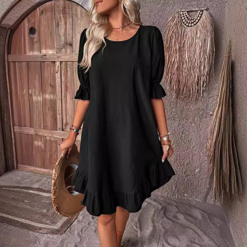 Vintage Cotton Linen Mid-Sleeve Round Neck Solid Color Loose A-Line Dress for Women