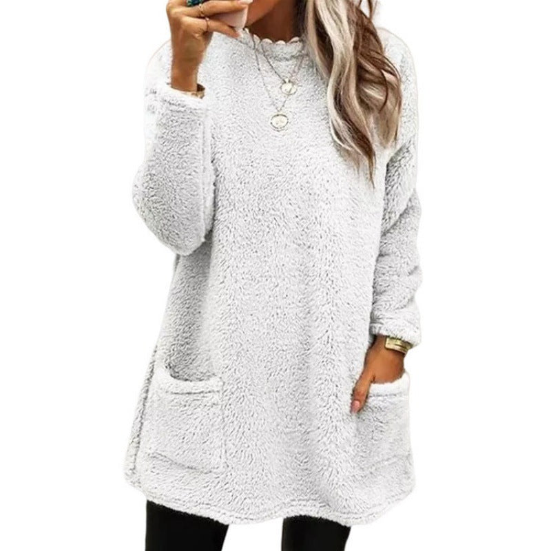 Fashionable Long Sleeve Pocket Fleece Sweatshirt Top for Women