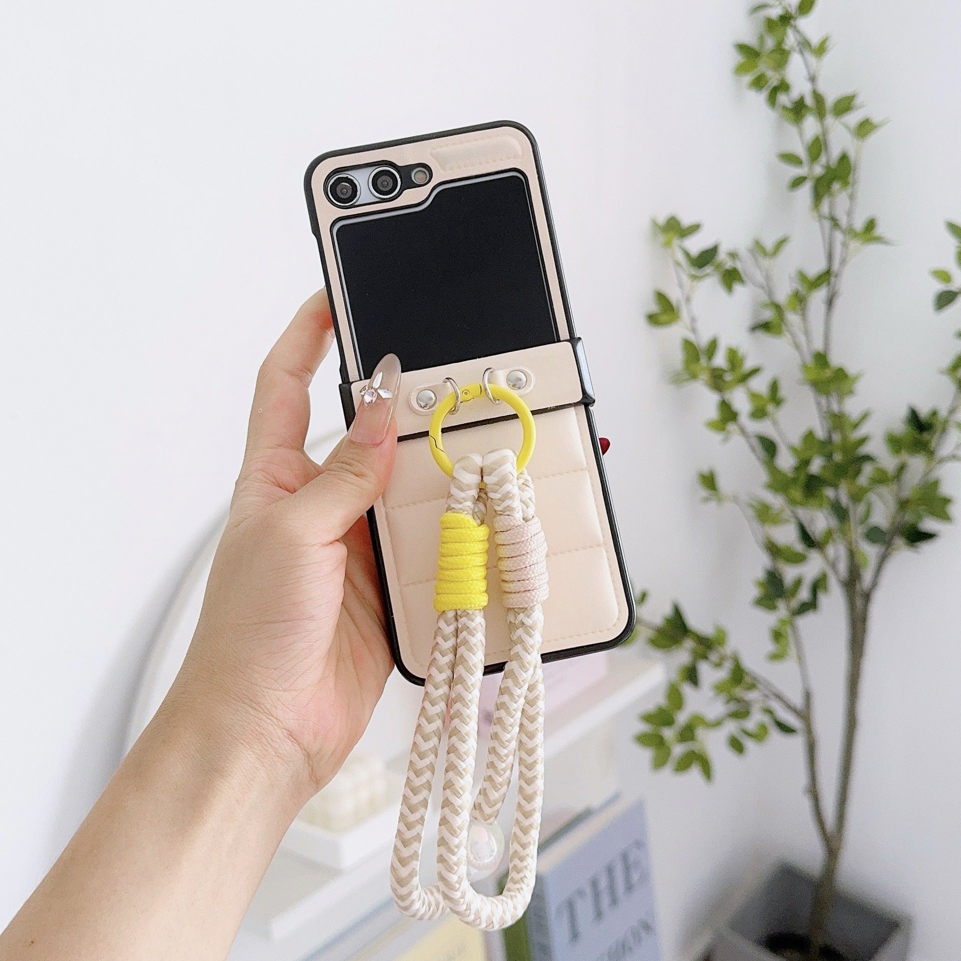 Korean Style Leather Stripe Case for Galaxy Z Flip 7/6/3/4 with Strap, Samsung 5th Gen Foldable Phone Protection