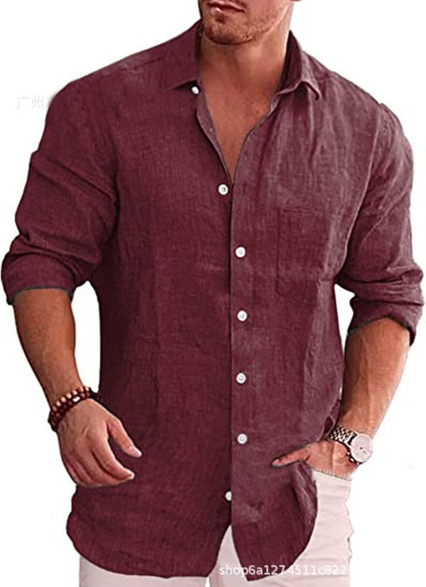 Casual Loose Fit Men's Solid Color Linen Long Sleeve Shirt with Turn-Down Collar
