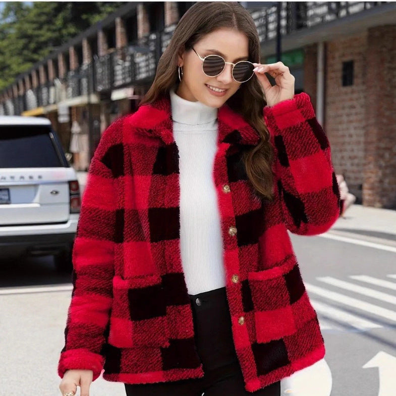 Chic Women's Plaid Fleece Coat with Patch Pockets, Long Sleeve, Casual Winter Fashion Outerwear