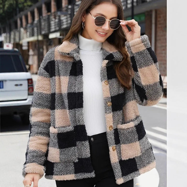 Chic Women's Plaid Fleece Coat with Patch Pockets, Long Sleeve, Casual Winter Fashion Outerwear