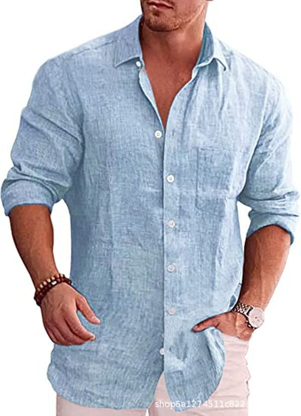 Casual Loose Fit Men's Solid Color Linen Long Sleeve Shirt with Turn-Down Collar