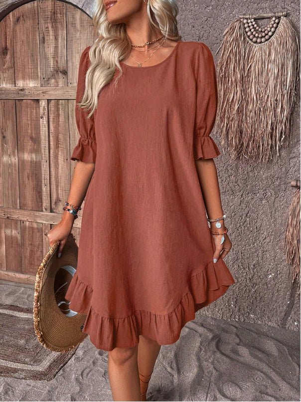 Vintage Cotton Linen Mid-Sleeve Round Neck Solid Color Loose A-Line Dress for Women