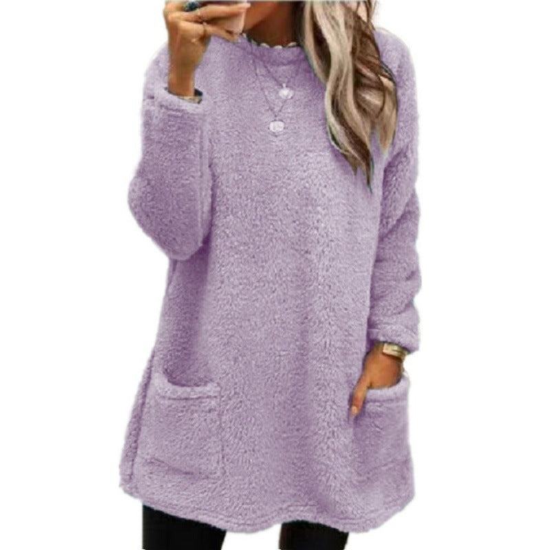 Fashionable Long Sleeve Pocket Fleece Sweatshirt Top for Women
