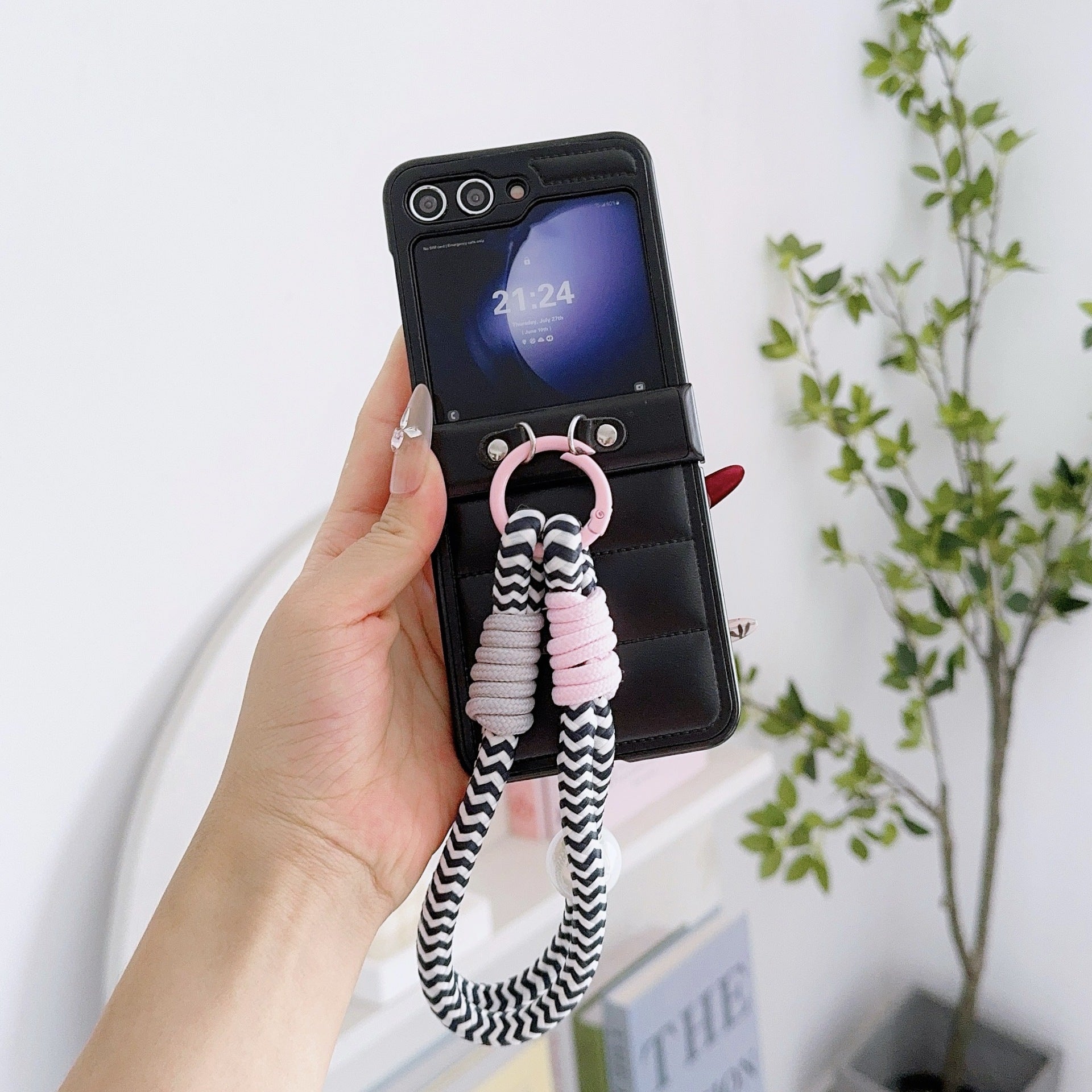 Korean Style Leather Stripe Case for Galaxy Z Flip 7/6/3/4 with Strap, Samsung 5th Gen Foldable Phone Protection