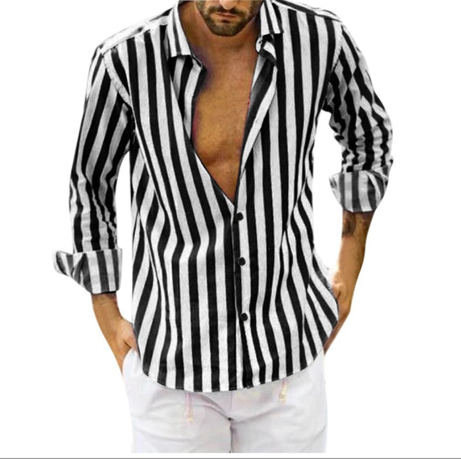 Classic Style Striped Long Sleeve Turn-Down Collar Loose Fit Shirt Men