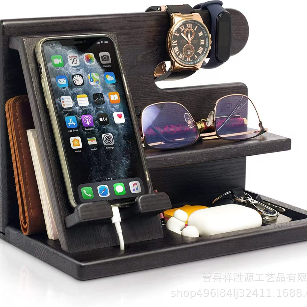 Creative Solid Wood Multi-functional Phone Stand with Charging Function, Office Desk Pine Wood Earphone and Small Item Organizer