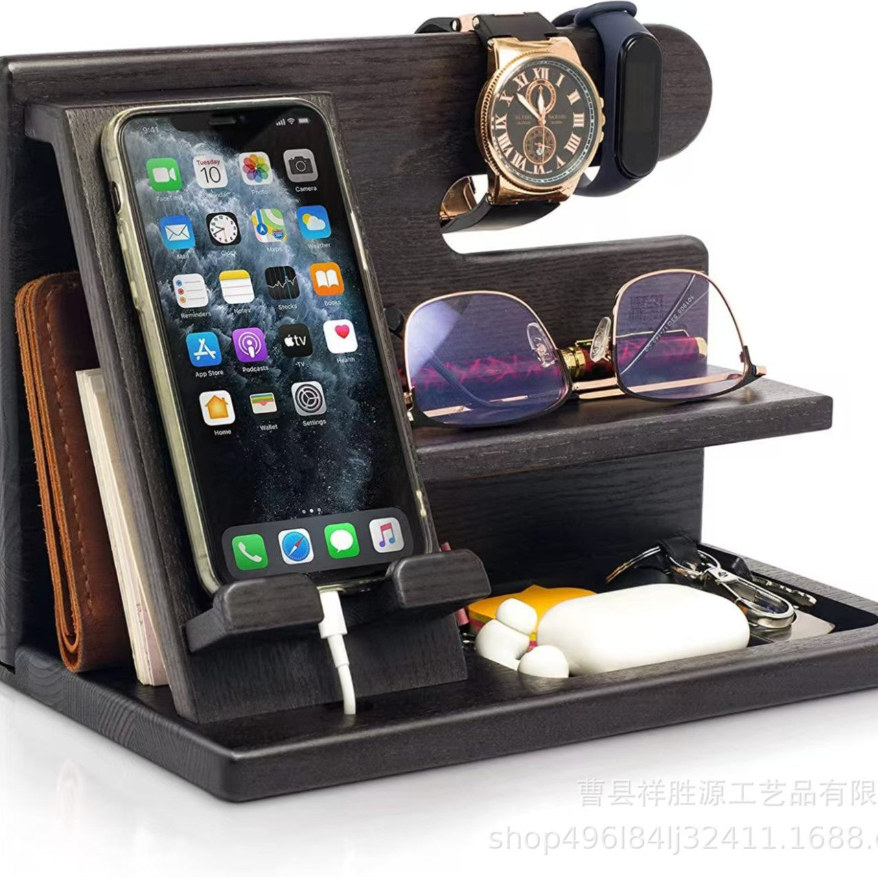 Creative Solid Wood Multi-functional Phone Stand with Charging Function, Office Desk Pine Wood Earphone and Small Item Organizer