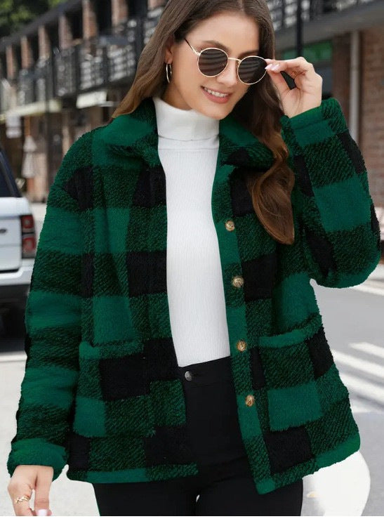 Chic Women's Plaid Fleece Coat with Patch Pockets, Long Sleeve, Casual Winter Fashion Outerwear