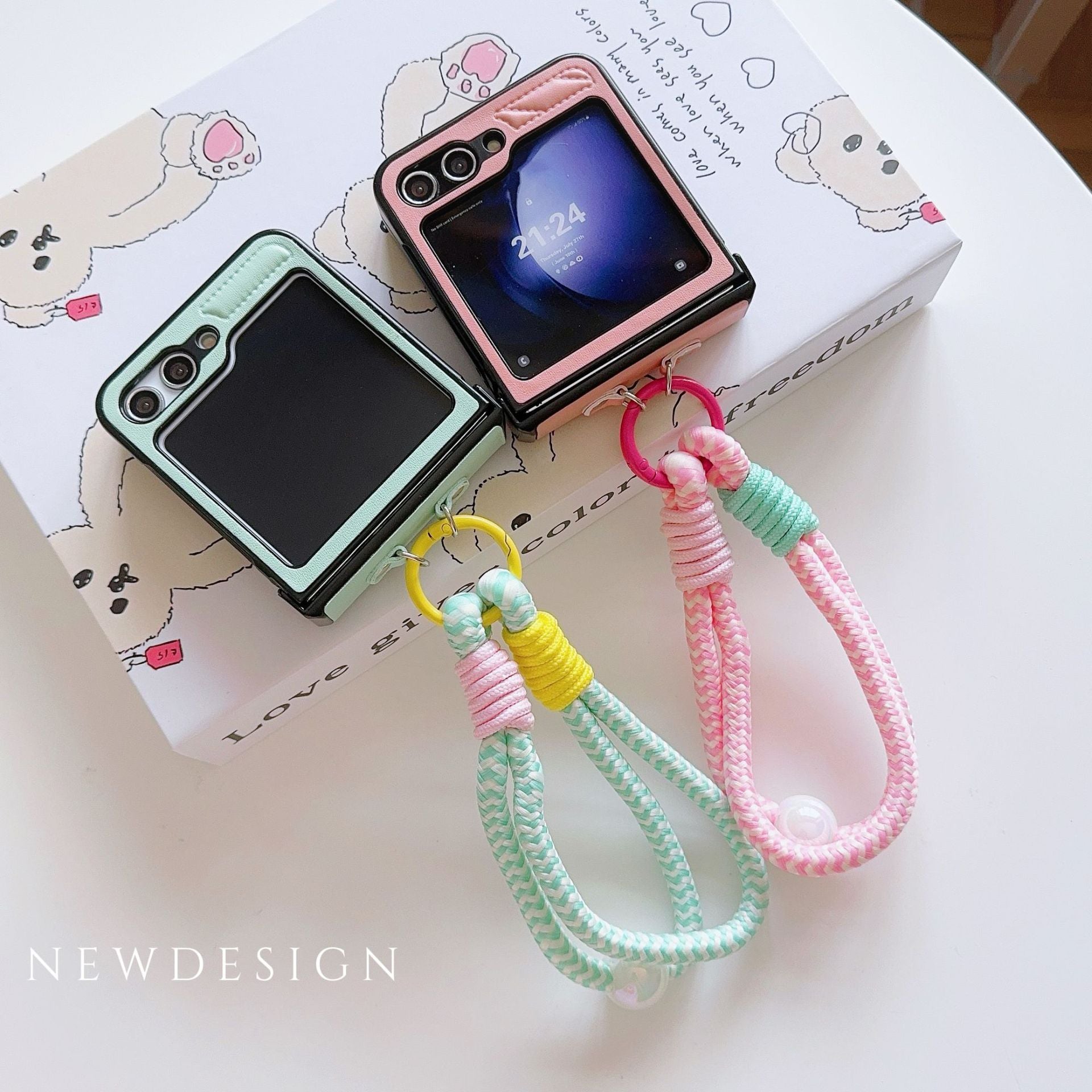 Korean Style Leather Stripe Case for Galaxy Z Flip 7/6/3/4 with Strap, Samsung 5th Gen Foldable Phone Protection