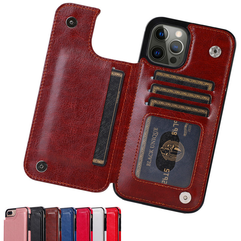 Suitable for iPhone 15 leather case with crazy horse pattern Apple 13PRO phone case flip cover card insertion protective cover
