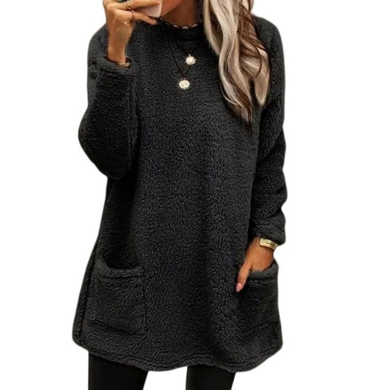 Fashionable Long Sleeve Pocket Fleece Sweatshirt Top for Women