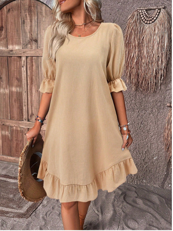 Vintage Cotton Linen Mid-Sleeve Round Neck Solid Color Loose A-Line Dress for Women