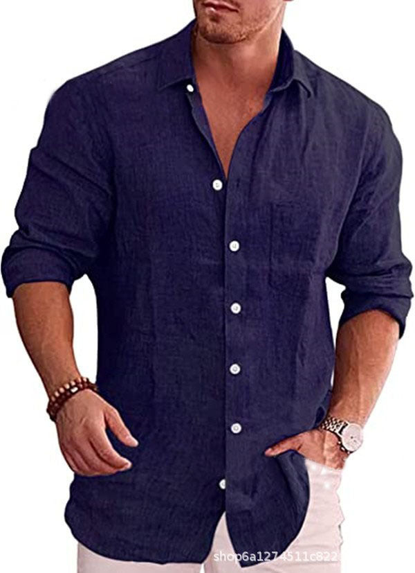 Casual Loose Fit Men's Solid Color Linen Long Sleeve Shirt with Turn-Down Collar