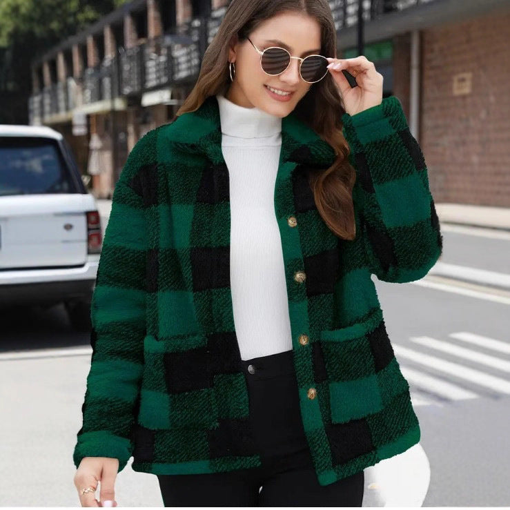 Chic Women's Plaid Fleece Coat with Patch Pockets, Long Sleeve, Casual Winter Fashion Outerwear