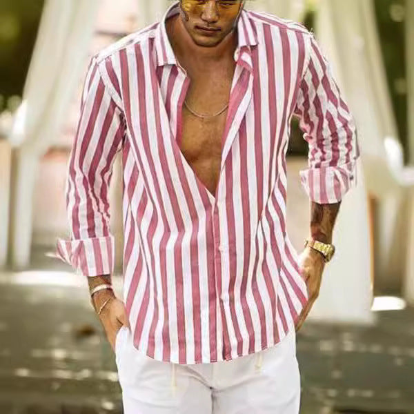 Classic Style Striped Long Sleeve Turn-Down Collar Loose Fit Shirt Men