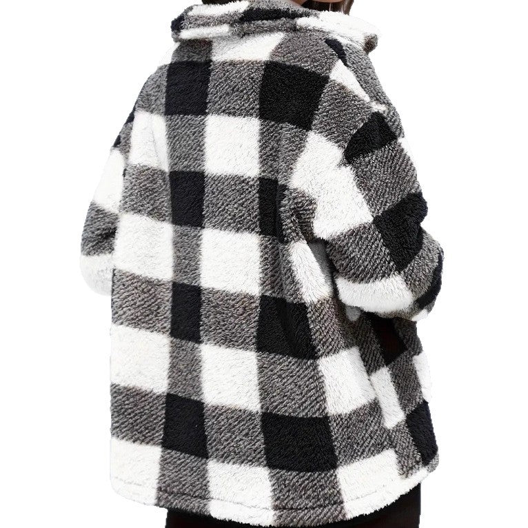 Chic Women's Plaid Fleece Coat with Patch Pockets, Long Sleeve, Casual Winter Fashion Outerwear