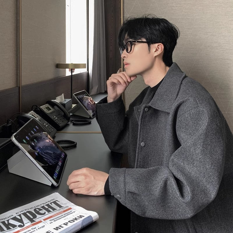 Men's Short Wool Blazer with Turn-down Collar, Thickened, Korean Style, Trendy, Casual Jacket