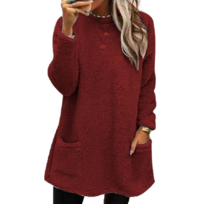 Fashionable Long Sleeve Pocket Fleece Sweatshirt Top for Women