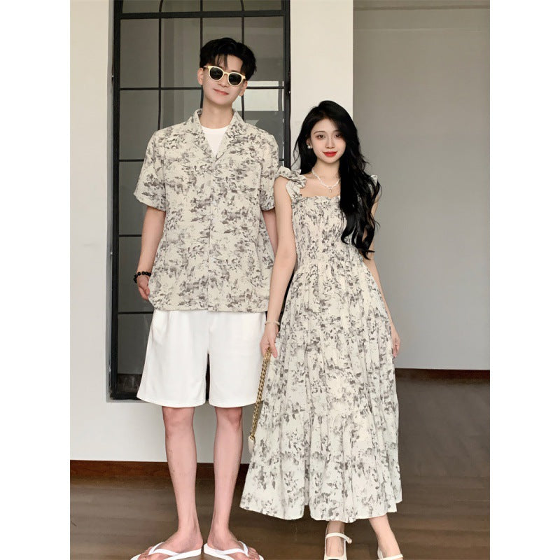 Couples Beach Dress Slim Fit Elegant Dress for Men Floral Shirt Short Sleeve