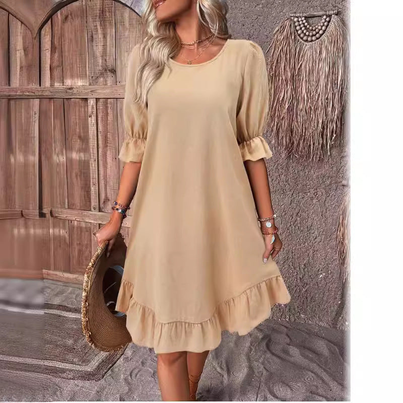 Vintage Cotton Linen Mid-Sleeve Round Neck Solid Color Loose A-Line Dress for Women