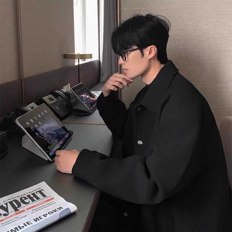 Men's Short Wool Blazer with Turn-down Collar, Thickened, Korean Style, Trendy, Casual Jacket