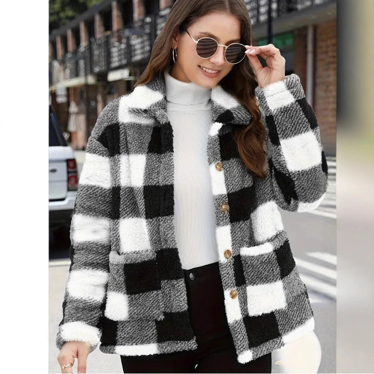 Chic Women's Plaid Fleece Coat with Patch Pockets, Long Sleeve, Casual Winter Fashion Outerwear