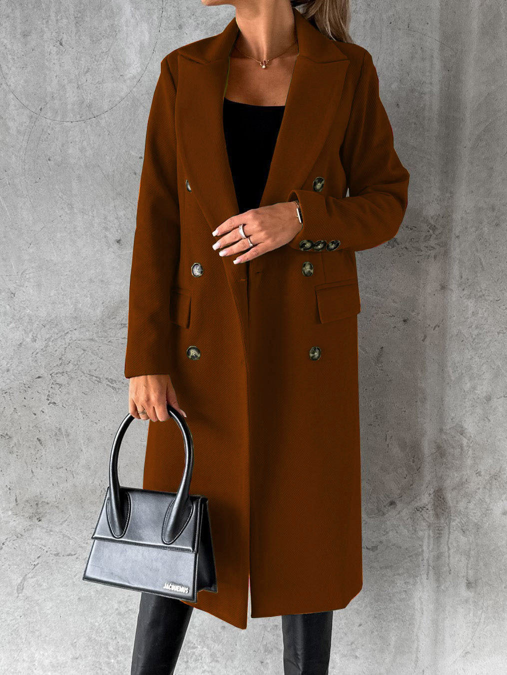 Women's Spring Fashion Wool CoatSolid Color Long Sleeve Double-Breasted Patch Pocket Versatile Outerwear