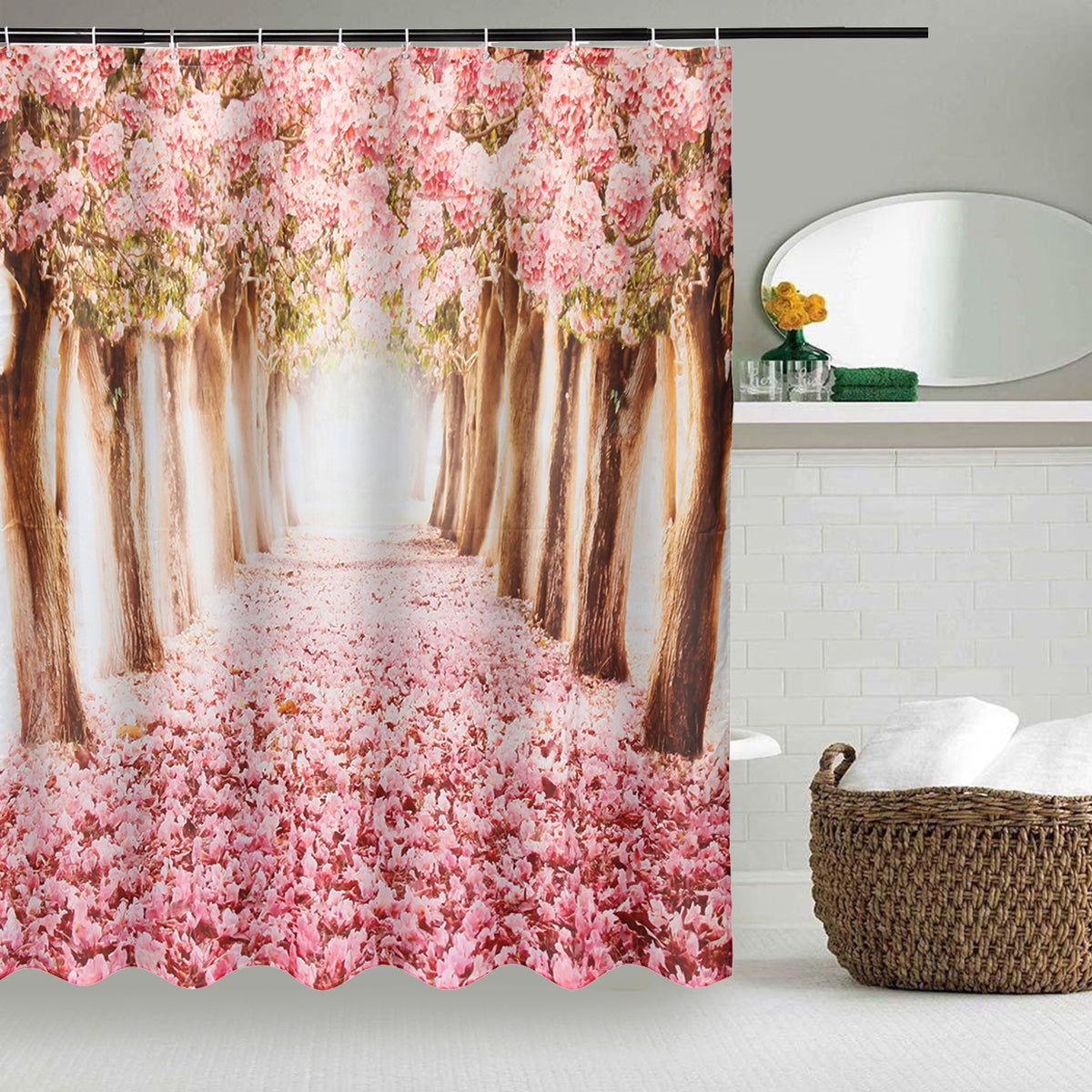 Arrivals Europe Pink Sakura Tree Pattern Bathroom Four-piece Suit,Shower Curtain Bathroom Pedestal Rug Lid Toilet Cover Bath Mat Set