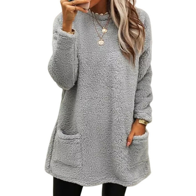 Fashionable Long Sleeve Pocket Fleece Sweatshirt Top for Women
