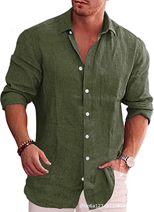 Casual Loose Fit Men's Solid Color Linen Long Sleeve Shirt with Turn-Down Collar