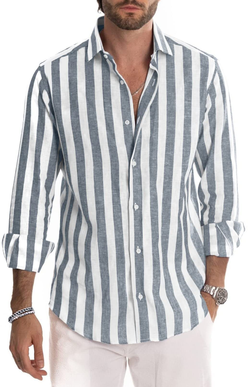 Classic Style Striped Long Sleeve Turn-Down Collar Loose Fit Shirt Men