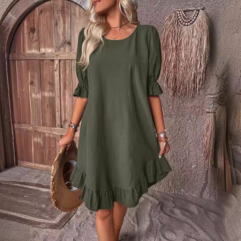 Vintage Cotton Linen Mid-Sleeve Round Neck Solid Color Loose A-Line Dress for Women