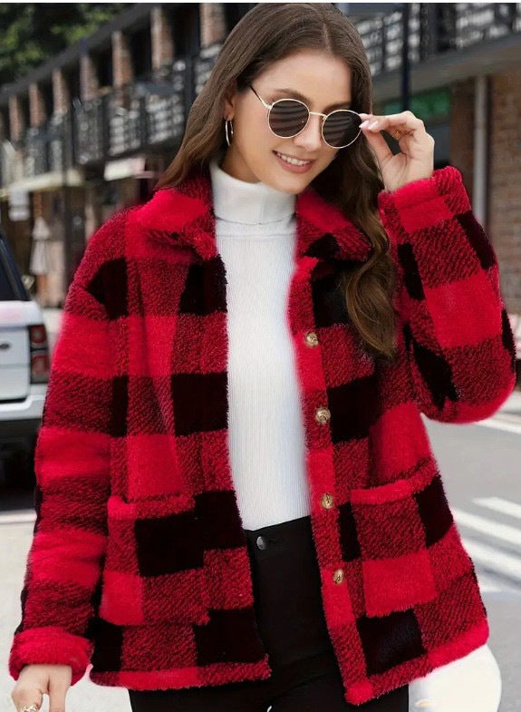 Chic Women's Plaid Fleece Coat with Patch Pockets, Long Sleeve, Casual Winter Fashion Outerwear
