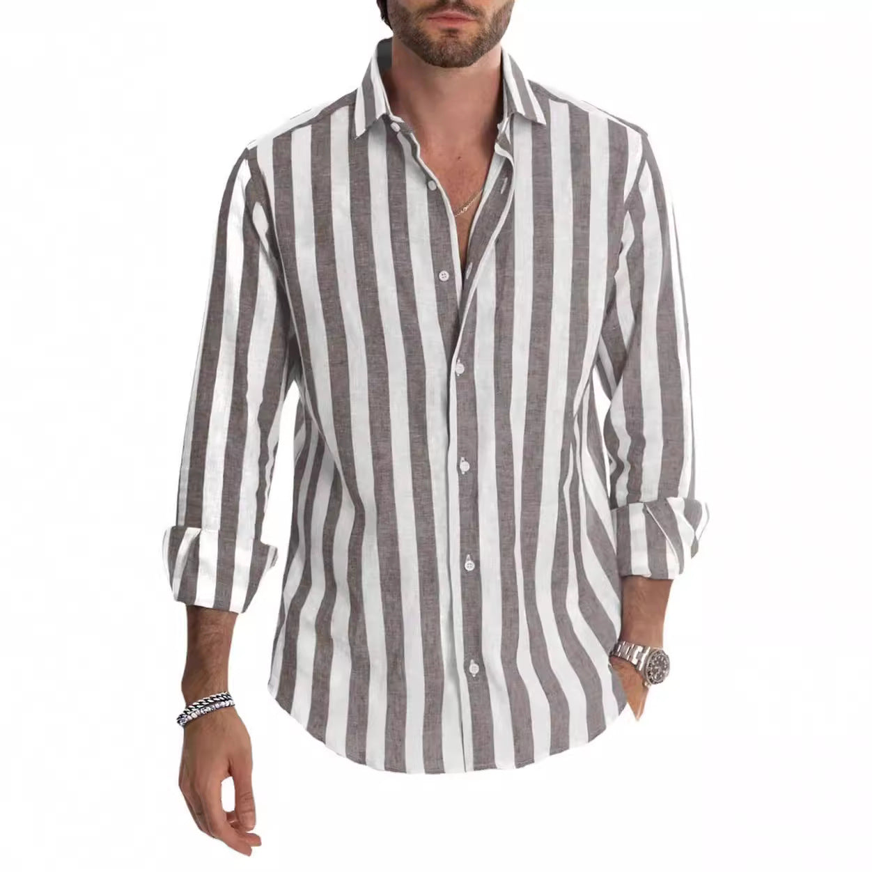 Classic Style Striped Long Sleeve Turn-Down Collar Loose Fit Shirt Men