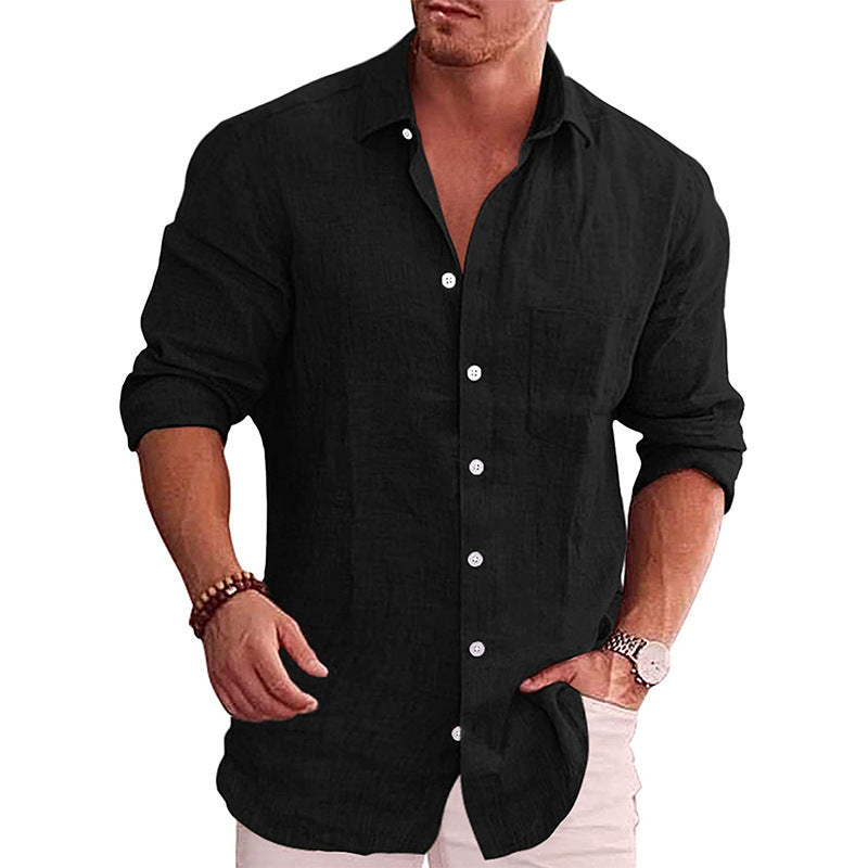 Casual Loose Fit Men's Solid Color Linen Long Sleeve Shirt with Turn-Down Collar