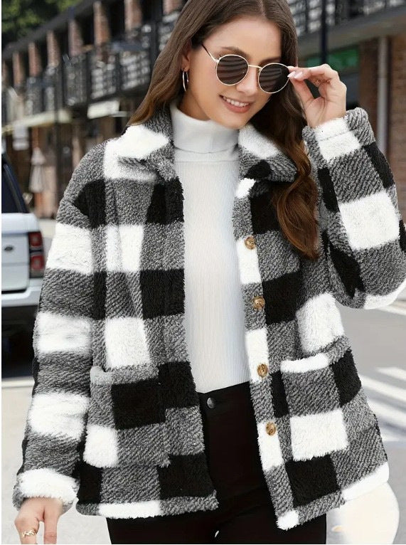 Chic Women's Plaid Fleece Coat with Patch Pockets, Long Sleeve, Casual Winter Fashion Outerwear