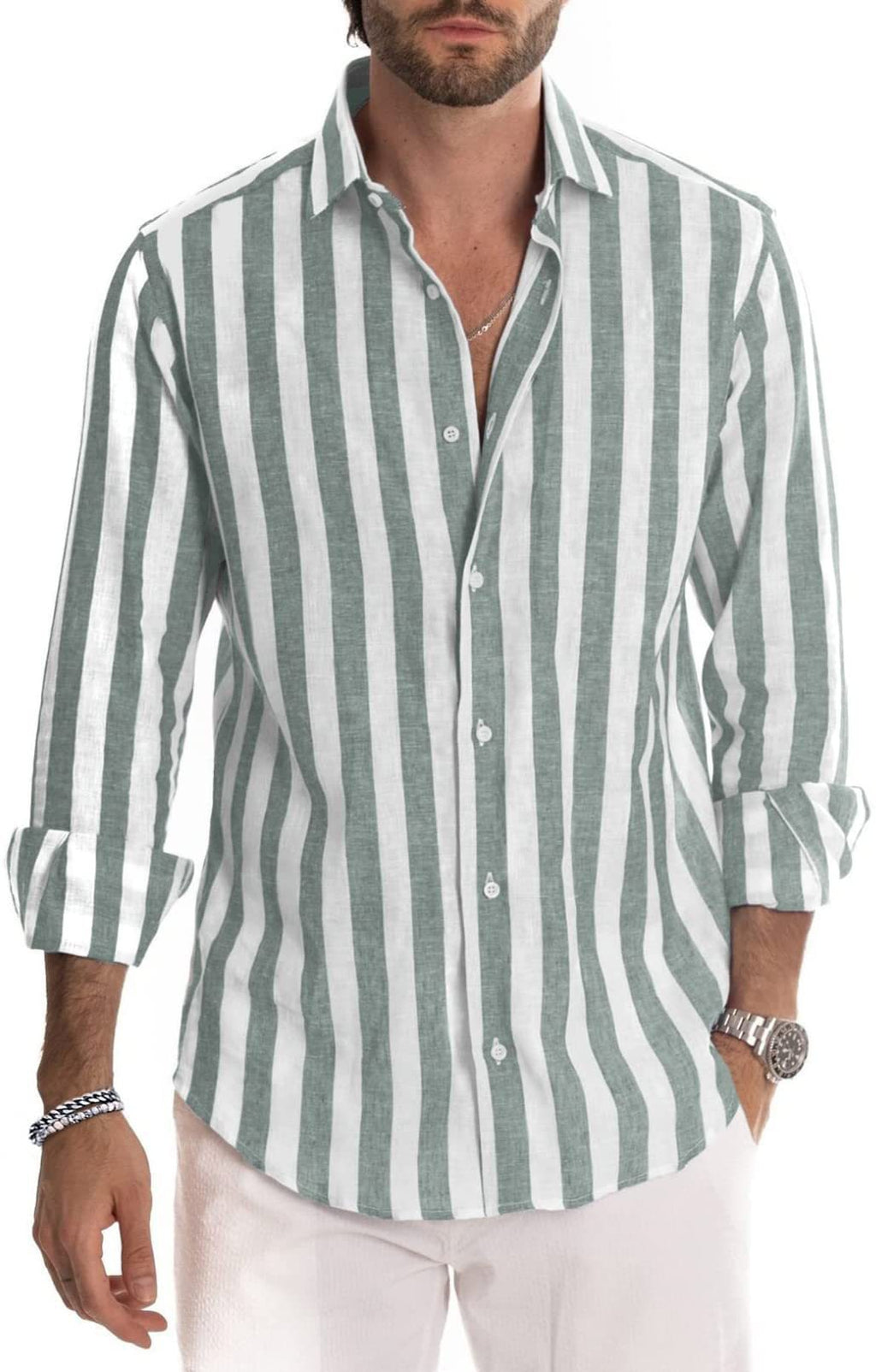 Classic Style Striped Long Sleeve Turn-Down Collar Loose Fit Shirt Men