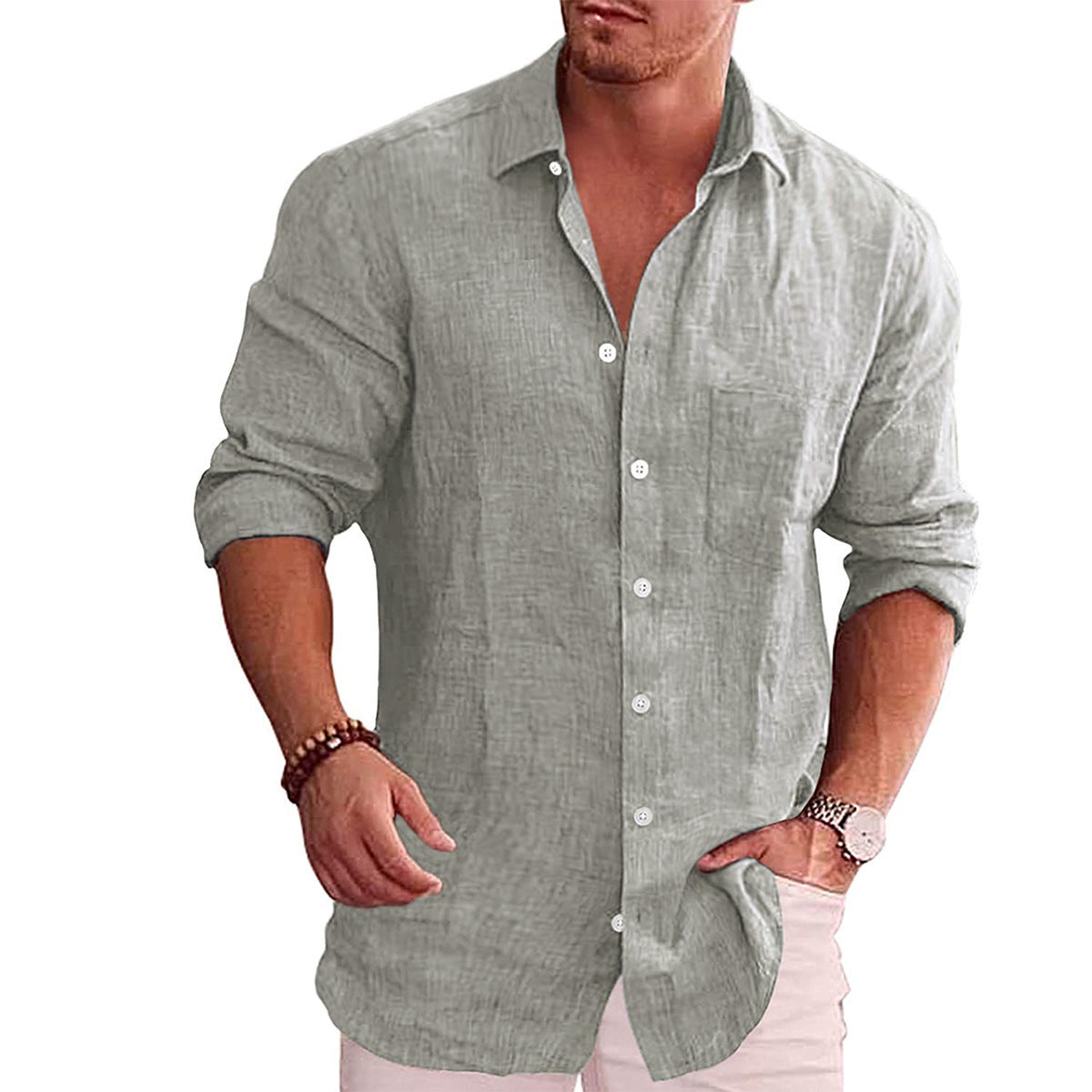 Casual Loose Fit Men's Solid Color Linen Long Sleeve Shirt with Turn-Down Collar