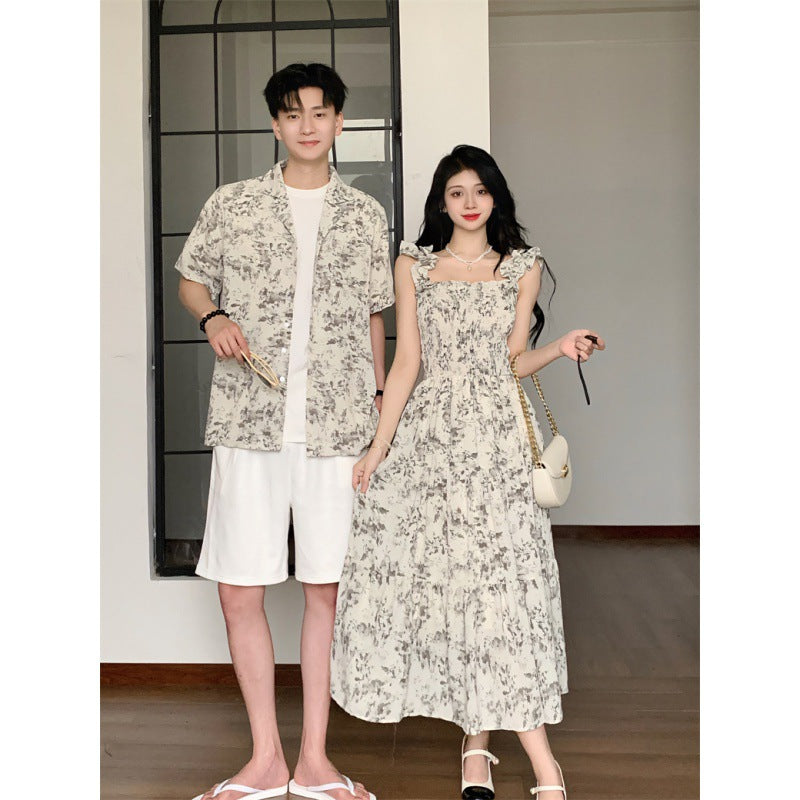 Couples Beach Dress Slim Fit Elegant Dress for Men Floral Shirt Short Sleeve
