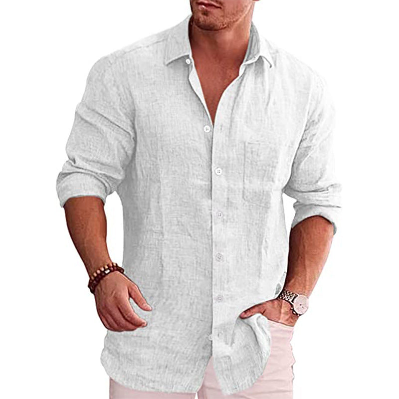 Casual Loose Fit Men's Solid Color Linen Long Sleeve Shirt with Turn-Down Collar