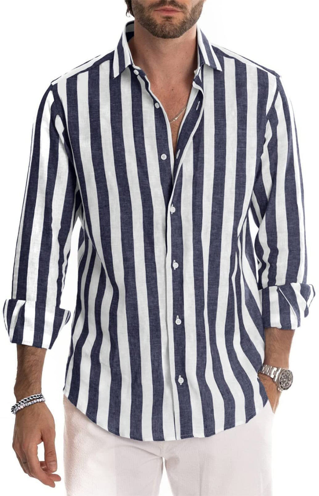Classic Style Striped Long Sleeve Turn-Down Collar Loose Fit Shirt Men