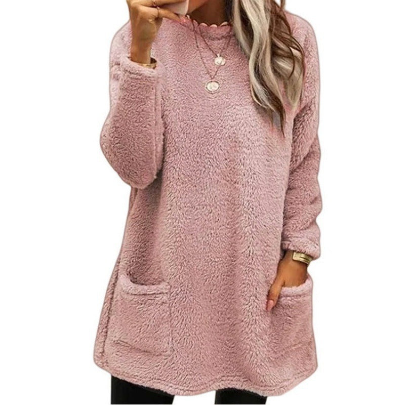 Fashionable Long Sleeve Pocket Fleece Sweatshirt Top for Women