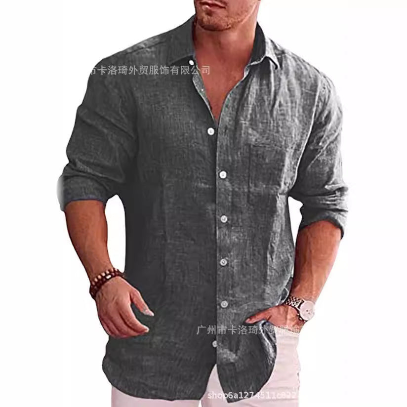 Casual Loose Fit Men's Solid Color Linen Long Sleeve Shirt with Turn-Down Collar