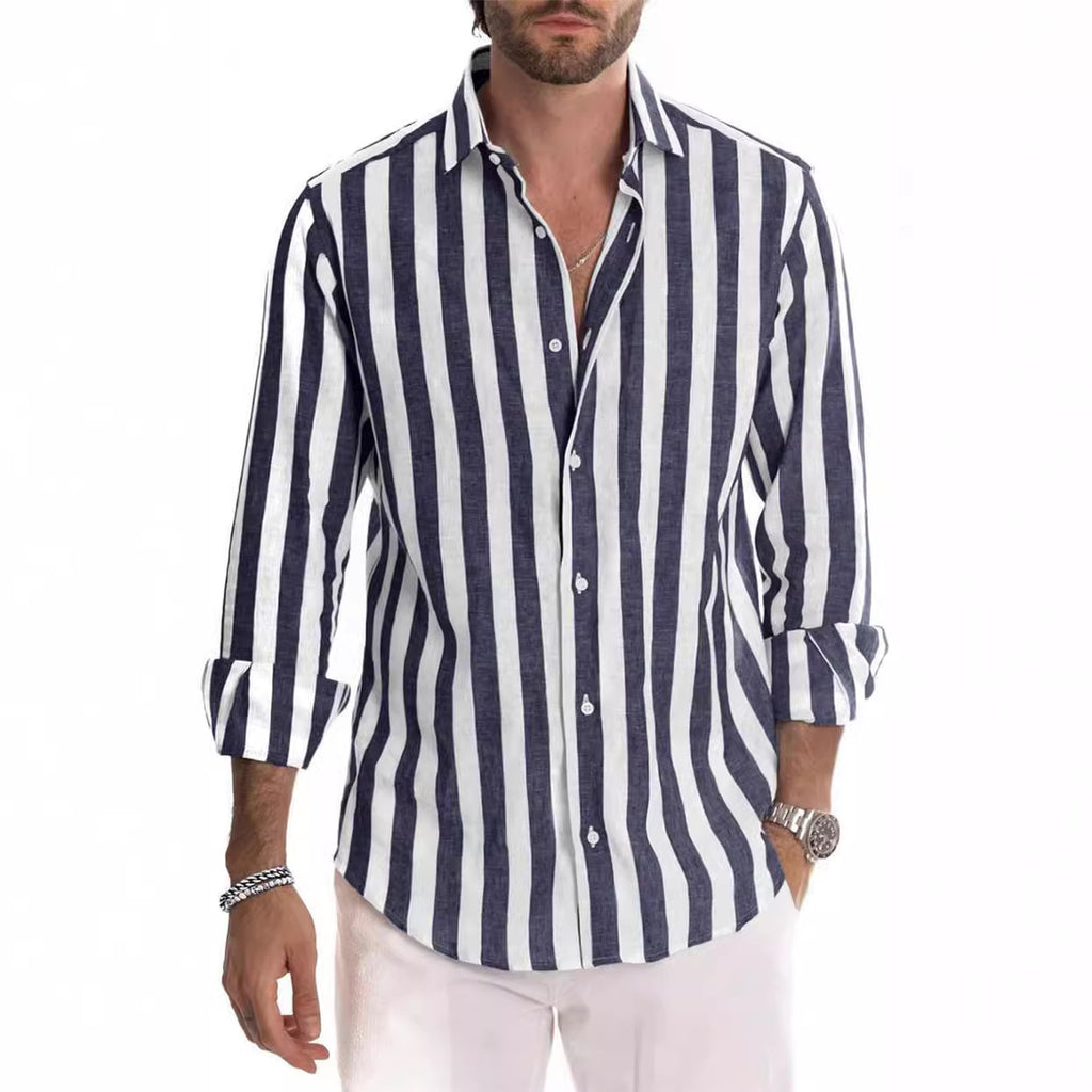 Classic Style Striped Long Sleeve Turn-Down Collar Loose Fit Shirt Men