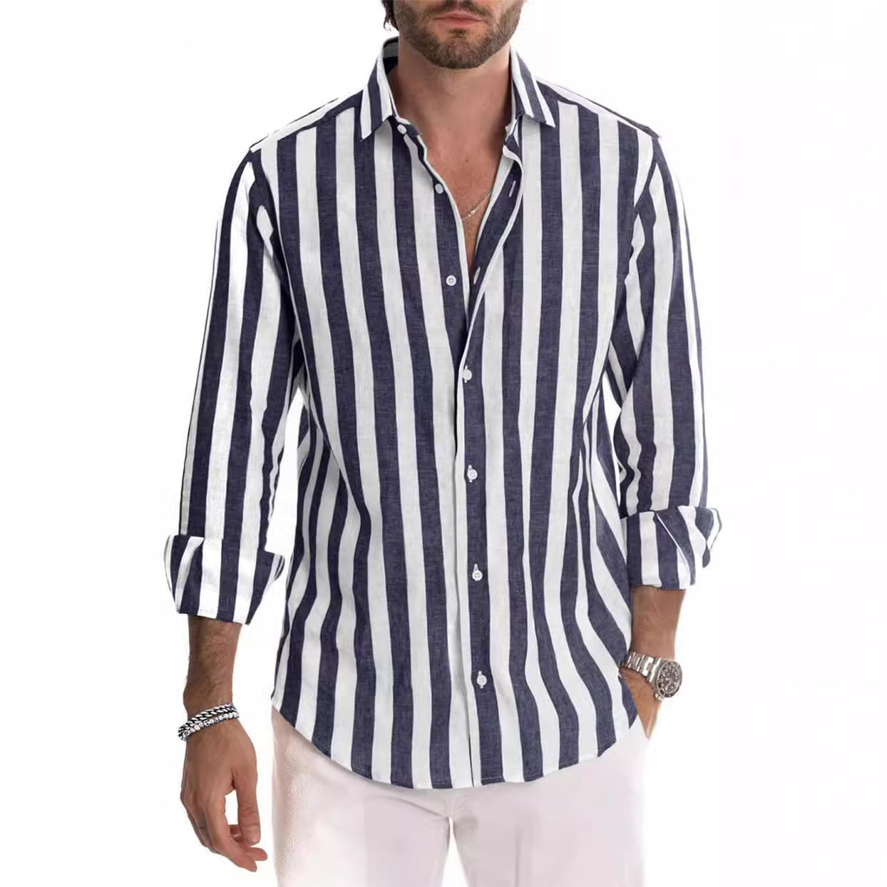 Classic Style Striped Long Sleeve Turn-Down Collar Loose Fit Shirt Men