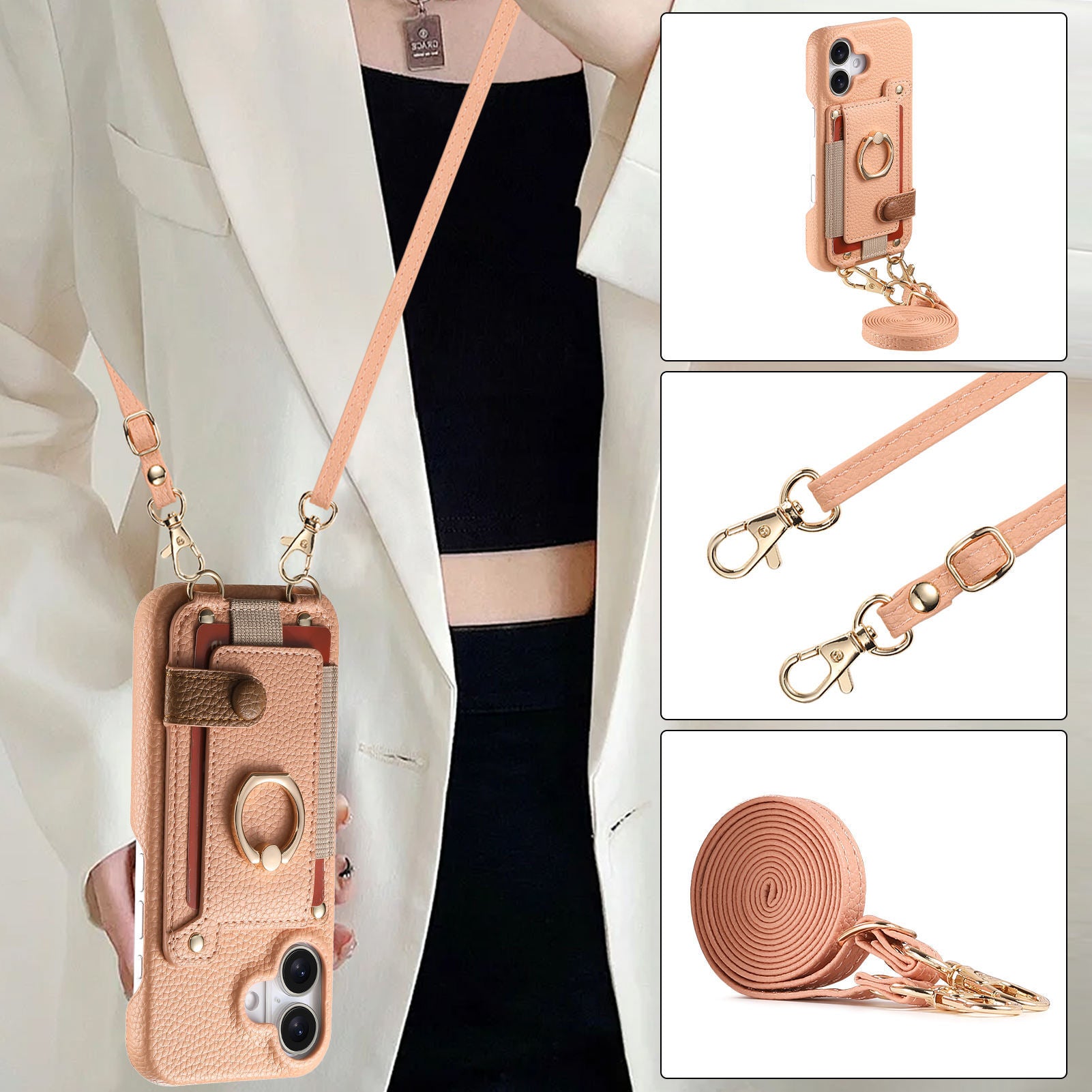 Suitable for iPhone 17 Pro phone case diagonal long hanging rope Air leather card insertion Apple 16 Promax protective cover